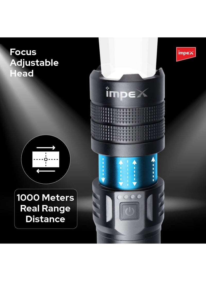 Impex Rechargeable Flashlight | 20W Laser LED | 6600mAh Li-ion Battery | Aircraft Non-Corrosive Aluminum Body | In-Built Power Bank | Focus Adjustable Head | Type C | 2 Operation Modes | 1000 Meters Range  - Image 5