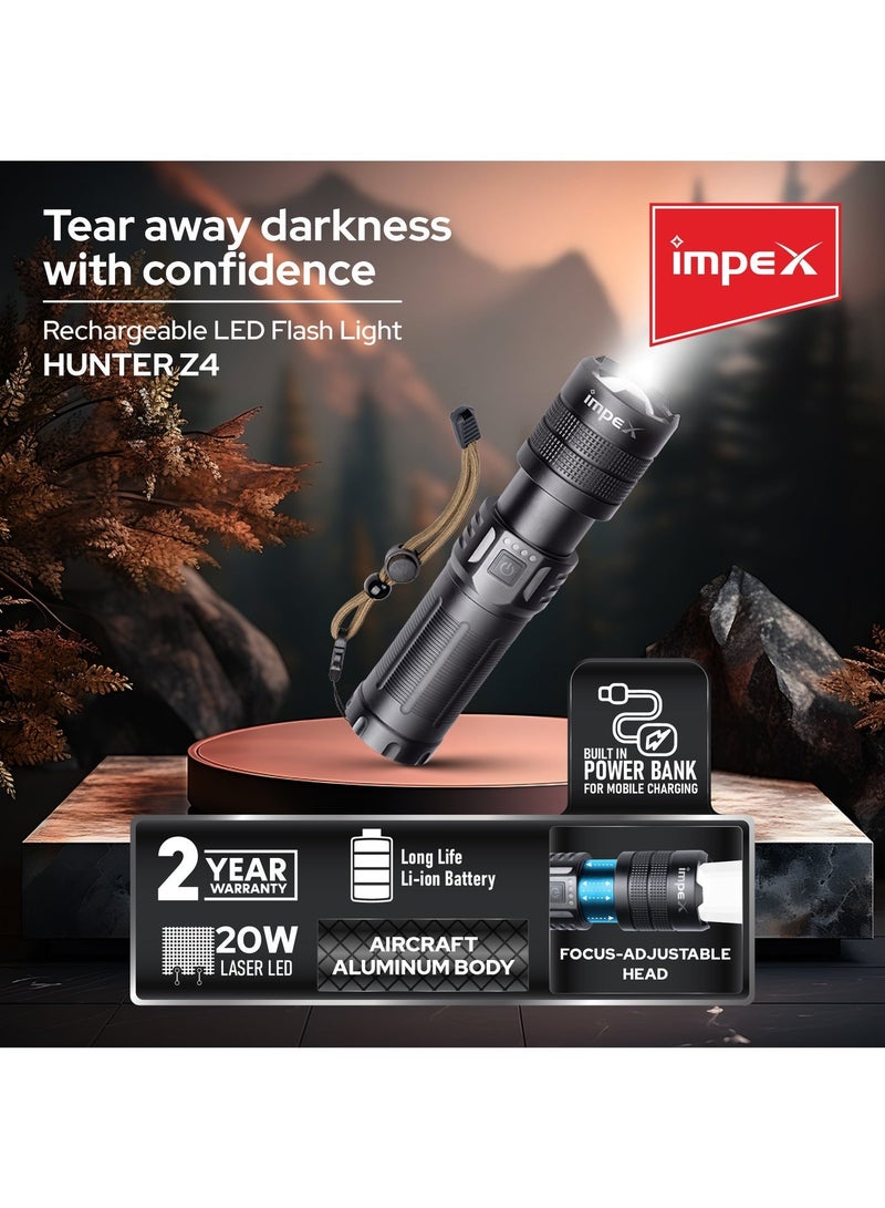 Impex LED Rechargeable Flashlight Torch Light | 20W Laser | 6600mAh Li-ion Battery | Aircraft Non-Corrosive Aluminum Body | In-Built Power Bank | Focus Adjustable Head | Type C | 2 Operation Modes | 1000 Meters Range - Hunter Z4 - Image 3