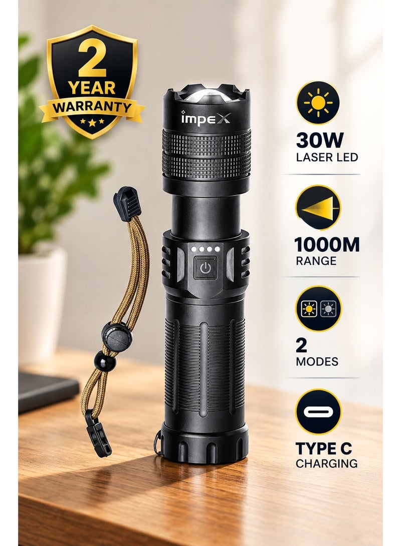 Impex LED Rechargeable Flashlight Torch Light | 20W Laser | 6600mAh Li-ion Battery | Aircraft Non-Corrosive Aluminum Body | In-Built Power Bank | Focus Adjustable Head | Type C | 2 Operation Modes | 1000 Meters Range - Hunter Z4 - Image 1
