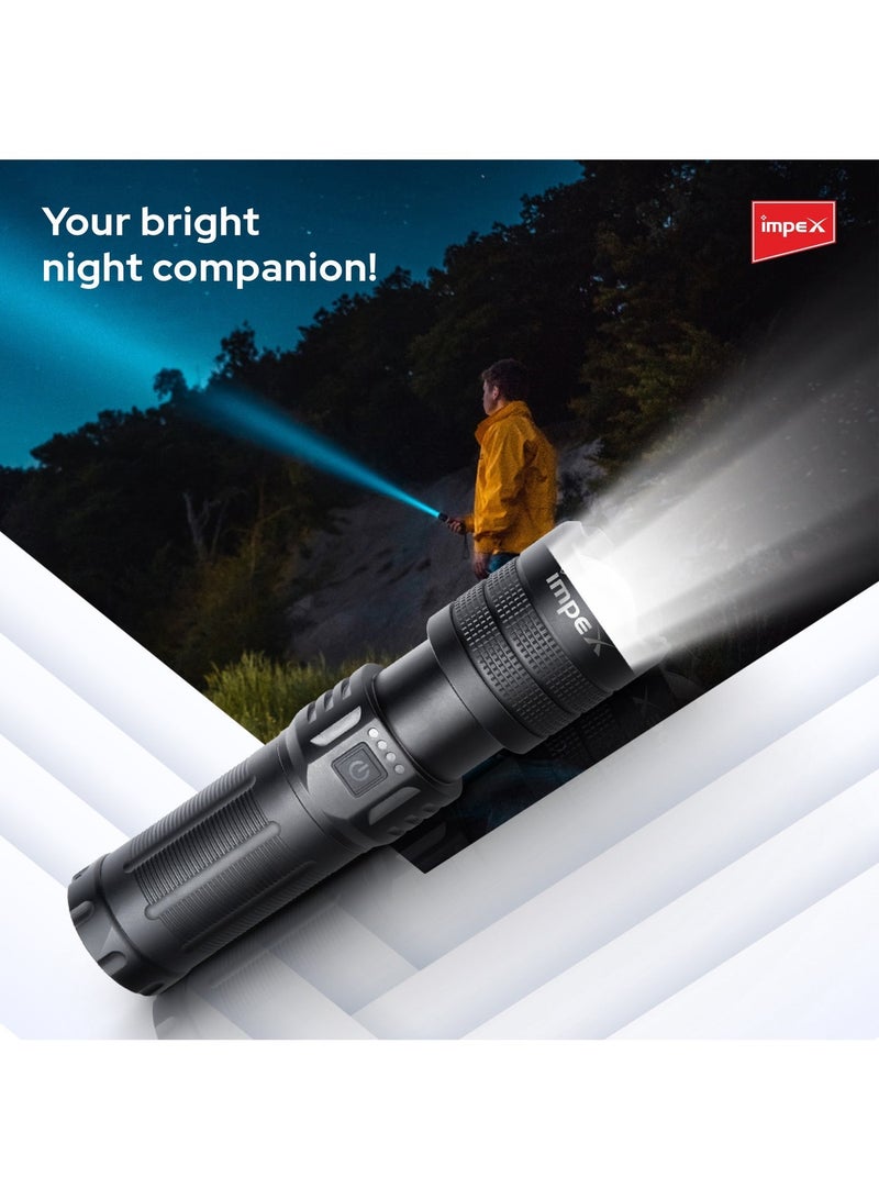 Impex LED Rechargeable Flashlight Torch Light | 20W Laser | 6600mAh Li-ion Battery | Aircraft Non-Corrosive Aluminum Body | In-Built Power Bank | Focus Adjustable Head | Type C | 2 Operation Modes | 1000 Meters Range - Hunter Z4 - Image 4