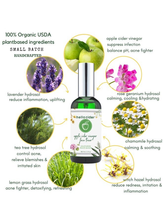 hello cider Vinegar Face Toner - Reduce Blemish, Prevent Acnes, Restore pH, No Oils,100% Natural Organic Tea Tree,Witch Hazel, Rose Geranium Hydrosols. Great for Teens, Men& Women - Image 2