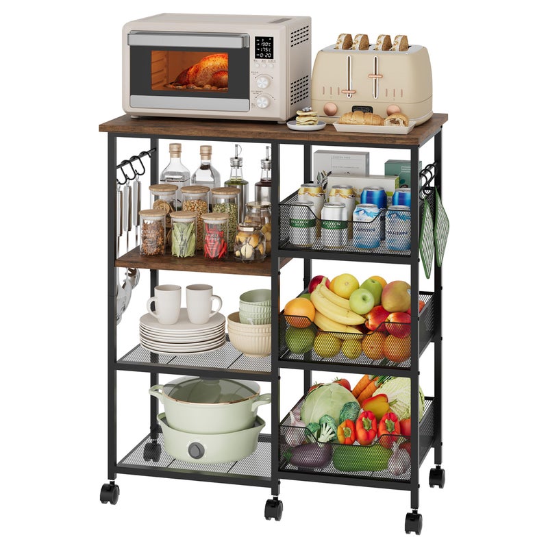 HapiRm Rolling Kitchen Carts with Storage - Microwave Table Stand with 6 Hooks & 3 Baskets, kitchen Island Cart on Lockable Wheels, 28.3" L Ã— 14.6" W Bakers Rack Cart for Dining Room Coffee Bar Office - Image 2