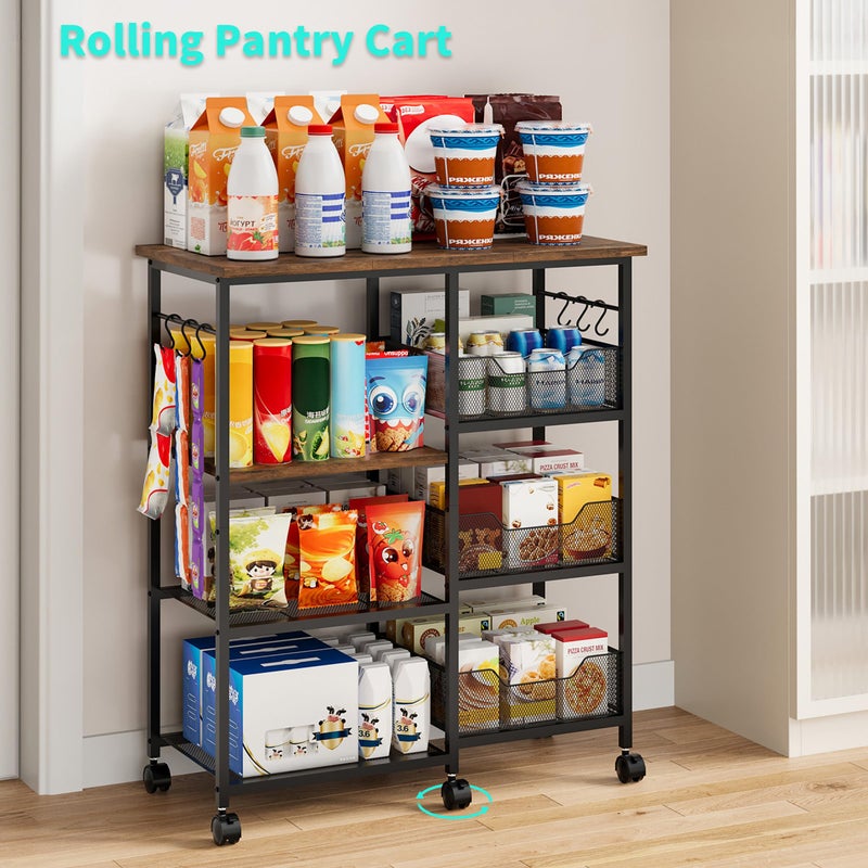 HapiRm Rolling Kitchen Carts with Storage - Microwave Table Stand with 6 Hooks & 3 Baskets, kitchen Island Cart on Lockable Wheels, 28.3" L Ã— 14.6" W Bakers Rack Cart for Dining Room Coffee Bar Office - Image 5