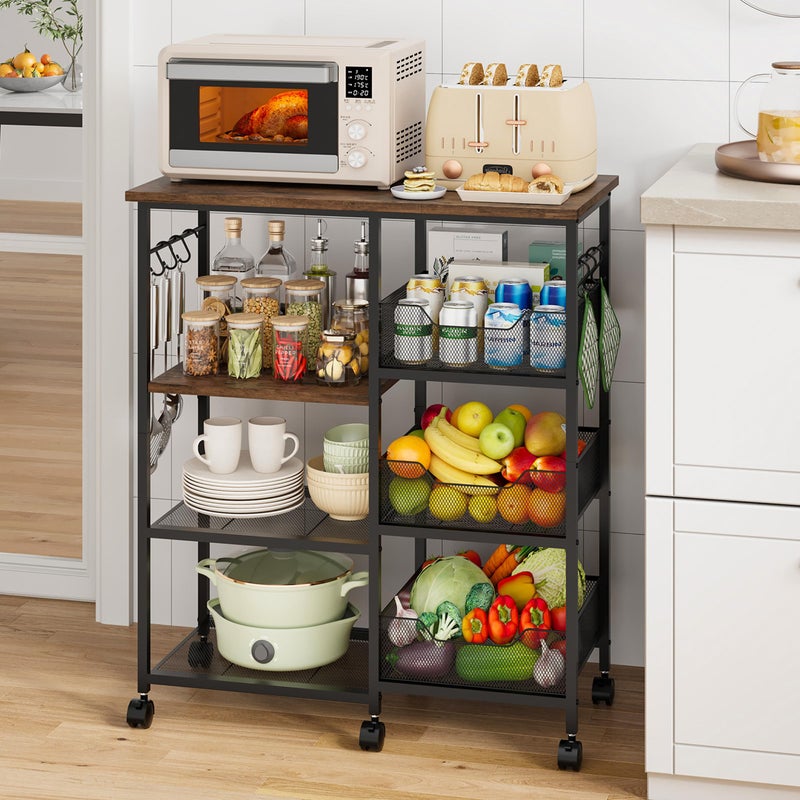 HapiRm Rolling Kitchen Carts with Storage - Microwave Table Stand with 6 Hooks & 3 Baskets, kitchen Island Cart on Lockable Wheels, 28.3" L Ã— 14.6" W Bakers Rack Cart for Dining Room Coffee Bar Office - Image 1