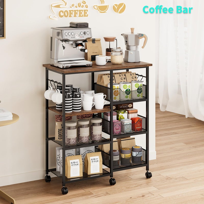 HapiRm Rolling Kitchen Carts with Storage - Microwave Table Stand with 6 Hooks & 3 Baskets, kitchen Island Cart on Lockable Wheels, 28.3" L Ã— 14.6" W Bakers Rack Cart for Dining Room Coffee Bar Office - Image 4