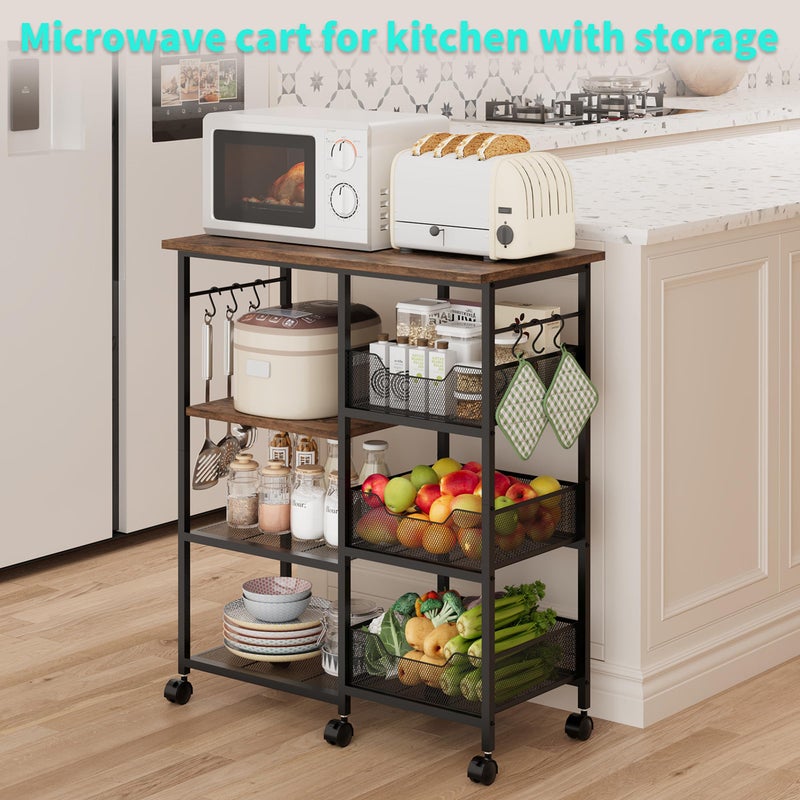 HapiRm Rolling Kitchen Carts with Storage - Microwave Table Stand with 6 Hooks & 3 Baskets, kitchen Island Cart on Lockable Wheels, 28.3" L Ã— 14.6" W Bakers Rack Cart for Dining Room Coffee Bar Office - Image 3