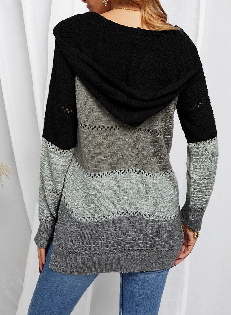 FEKOAFE Womens Causal Color Block Hoodies Lightweight Knit Sweaters Long Sleeve Striped V Neck Cute Hoodies Black XXL - Image 4