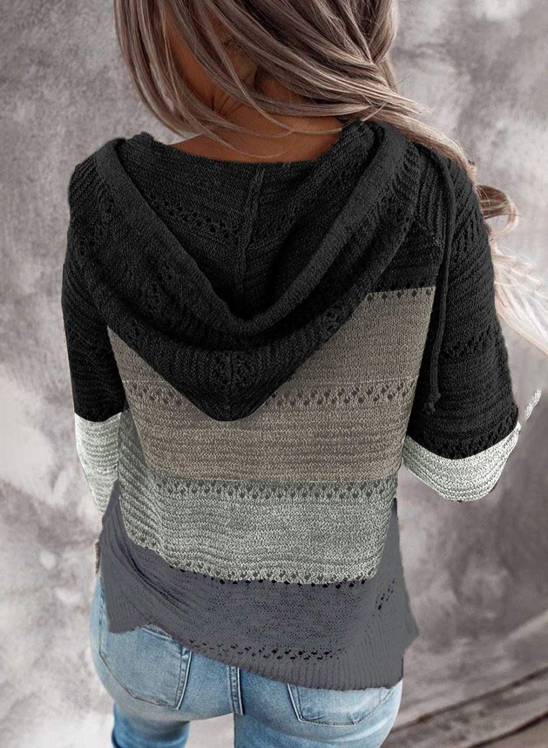 FEKOAFE Womens Causal Color Block Hoodies Lightweight Knit Sweaters Long Sleeve Striped V Neck Cute Hoodies Black XXL - Image 2