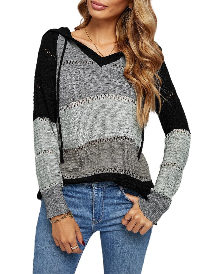 FEKOAFE Womens Causal Color Block Hoodies Lightweight Knit Sweaters Long Sleeve Striped V Neck Cute Hoodies Black XXL - Image 3