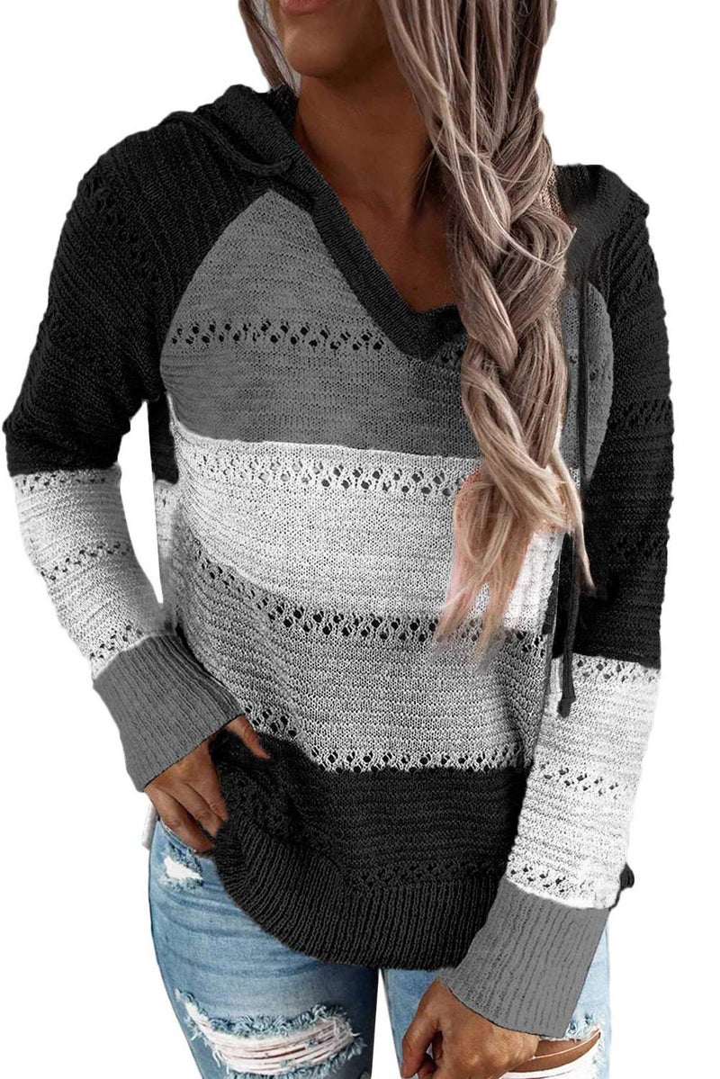 FEKOAFE Womens Causal Color Block Hoodies Lightweight Knit Sweaters Long Sleeve Striped V Neck Cute Hoodies Black XXL - Image 1