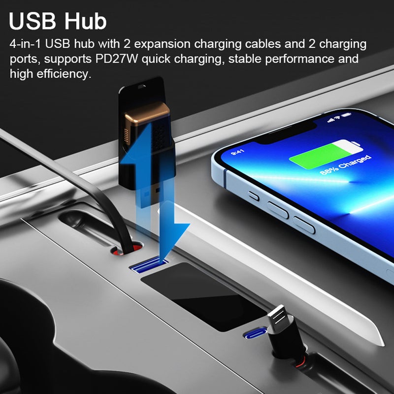مجمع USB 4 في 1 محطة توصيل لوحة التحكم المركزية محول محطة توصيل متعددة المنافذ مع شحن سريع بديل 27 واط PD مع كابل شحن قابل للانكماش لسيارة تيسلا موديل 3 و موديل Y - Image 5