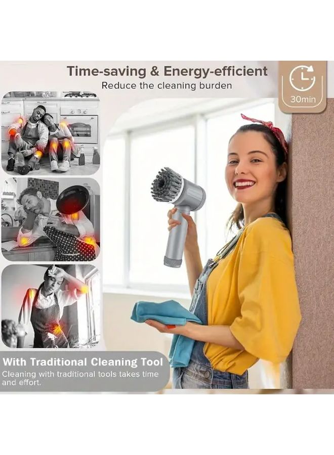 Grey Cordless Electric Spin Scrubber 5 In 1 With 5 Brush Heads Rechargeable Battery Adjustable Speed - Image 4