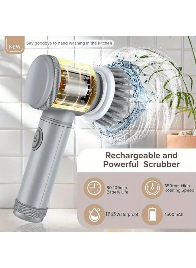 Grey Cordless Electric Spin Scrubber 5 In 1 With 5 Brush Heads Rechargeable Battery Adjustable Speed - Image 1