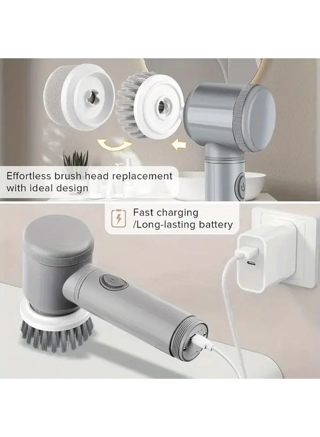 Grey Cordless Electric Spin Scrubber 5 In 1 With 5 Brush Heads Rechargeable Battery Adjustable Speed - Image 3