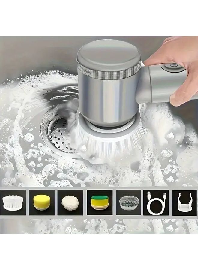 Grey Cordless Electric Spin Scrubber 5 In 1 With 5 Brush Heads Rechargeable Battery Adjustable Speed - Image 2