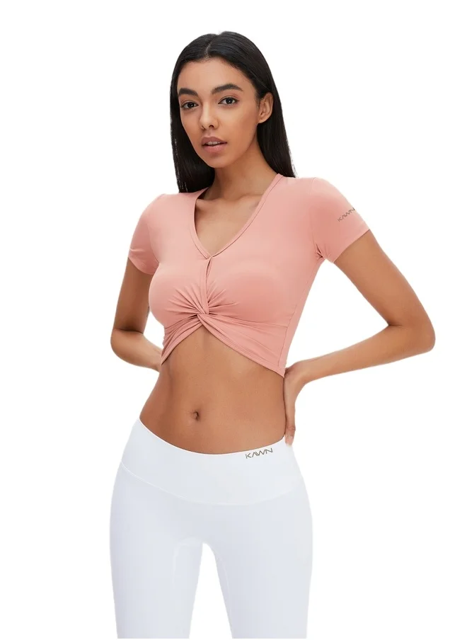 كون.يوغا Womens Short Sleeves V-neck Twist Crop Top