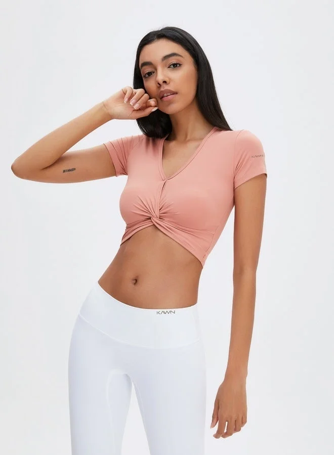 Kawn.yoga Peach Pink Womens Short Sleeves V-neck Twist Crop Top for Women | Best Price UAE