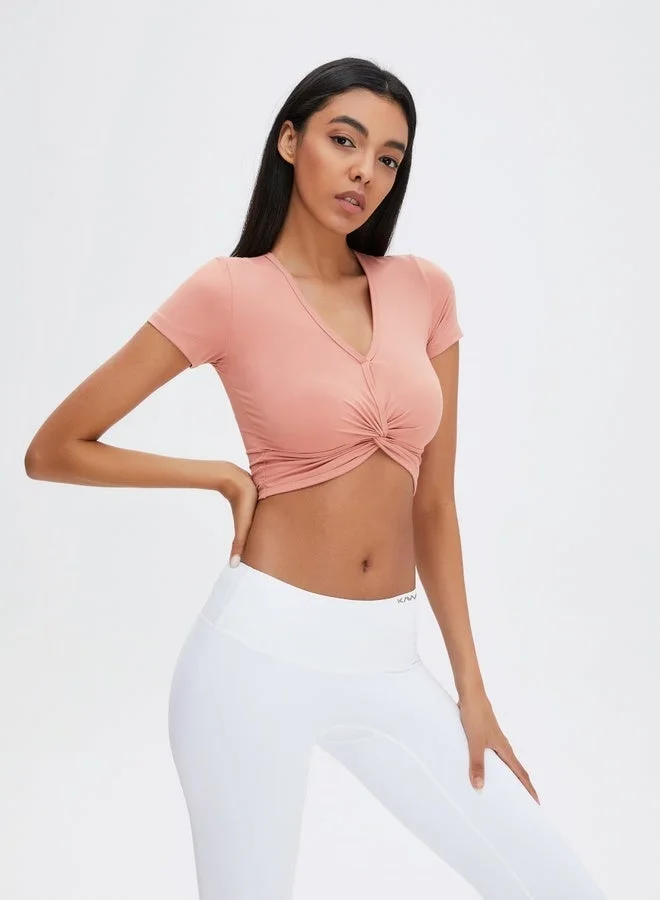 Kawn.yoga Peach Pink Womens Short Sleeves V-neck Twist Crop Top for Women | Best Price UAE