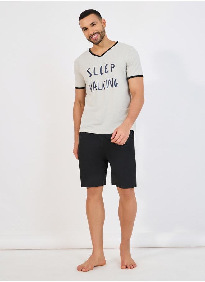 Styli Styli Slogan Print V Neck T-Shirt and Shorts Set  - Image 1