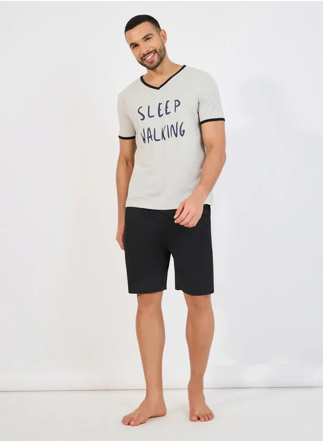 Styli Slogan Print V Neck T-Shirt & Shorts Set