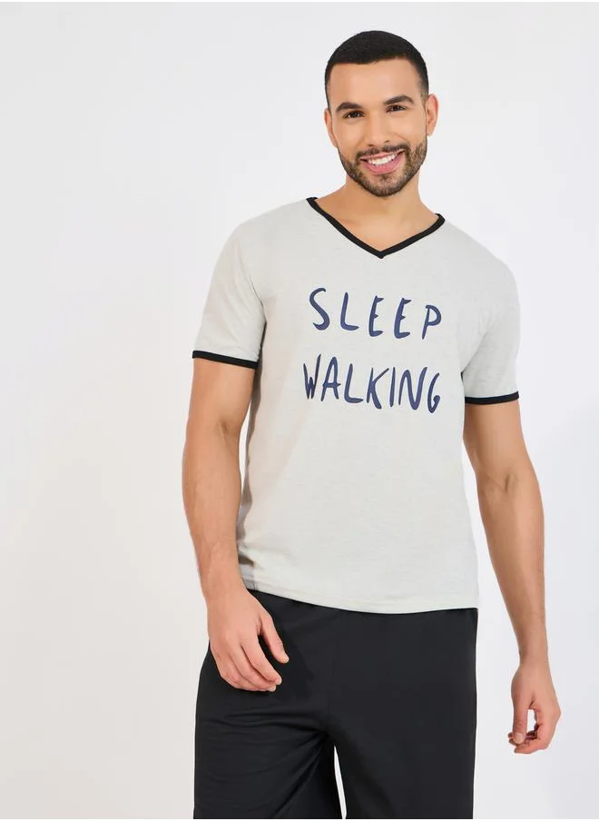 Styli Slogan Print V Neck T-Shirt & Shorts Set