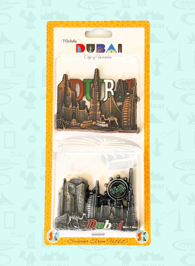 Souvenir Souq Dubai skyline metal magnets 6×6 cm, set of 2 with colorful skyscraper designs for gifting or display. - Image 1