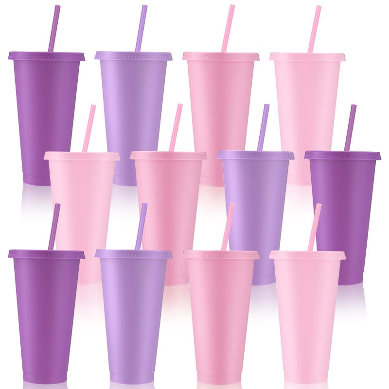 Skylety 12 Pcs Lavender Pink Plastic Cups with Lids and Straws 24 oz Reusable Tumbler Large Travel Mug Cup Coffee Beverage Drinks Party Supplies for Wedding Bridal Baby Shower Birthday - Image 1