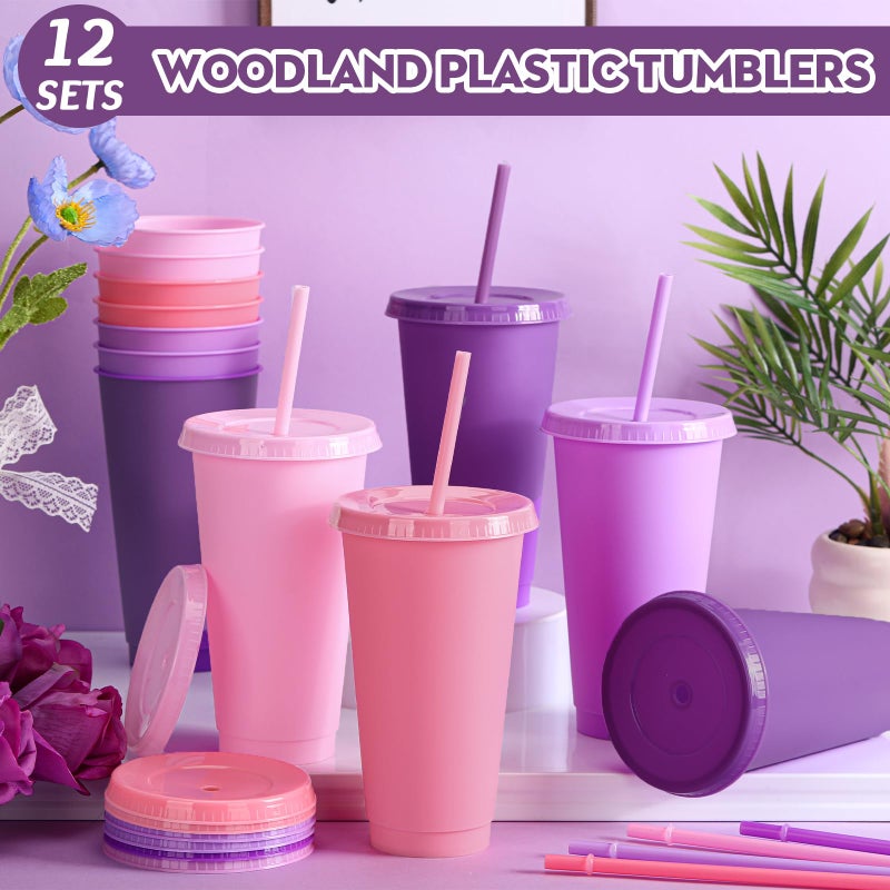 Skylety 12 Pcs Lavender Pink Plastic Cups with Lids and Straws 24 oz Reusable Tumbler Large Travel Mug Cup Coffee Beverage Drinks Party Supplies for Wedding Bridal Baby Shower Birthday - Image 4