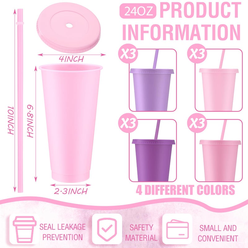 Skylety 12 Pcs Lavender Pink Plastic Cups with Lids and Straws 24 oz Reusable Tumbler Large Travel Mug Cup Coffee Beverage Drinks Party Supplies for Wedding Bridal Baby Shower Birthday - Image 2