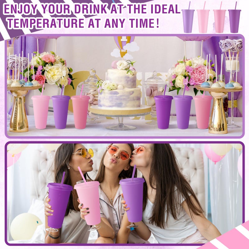 Skylety 12 Pcs Lavender Pink Plastic Cups with Lids and Straws 24 oz Reusable Tumbler Large Travel Mug Cup Coffee Beverage Drinks Party Supplies for Wedding Bridal Baby Shower Birthday - Image 5