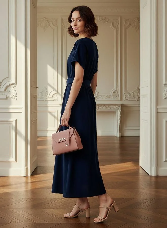 Splash FAV Belted Midi Dress with Short Sleeves and V-neck