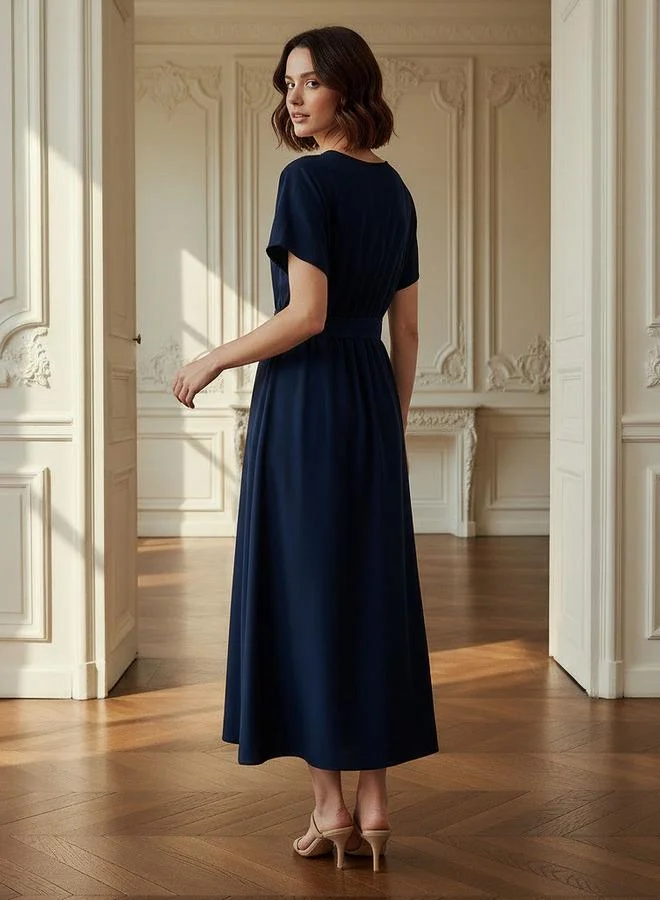 Splash FAV Belted Midi Dress with Short Sleeves and V-neck