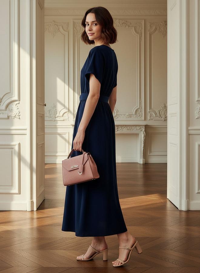 Splash FAV Belted Midi Dress with Short Sleeves and V-neck - Image 2
