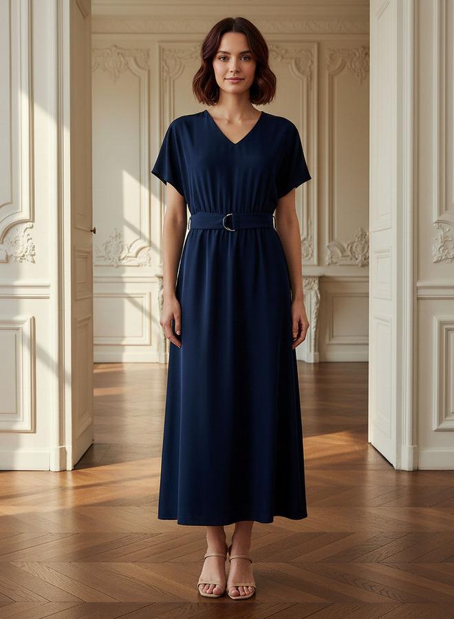 Splash FAV Belted Midi Dress with Short Sleeves and V-neck - Image 1