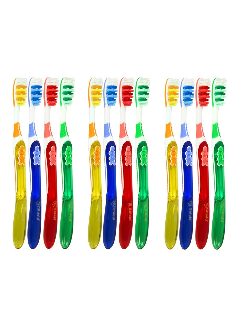 Shield Care Shield Care Toothbrush Dual Pro with Multi-Level Filaments, Anti-Slip Grip (Expert Care - Medium Bristles) Adults - Yellow, Red, Blue, Green - 12 Count (Pack of 1)  - Image 1
