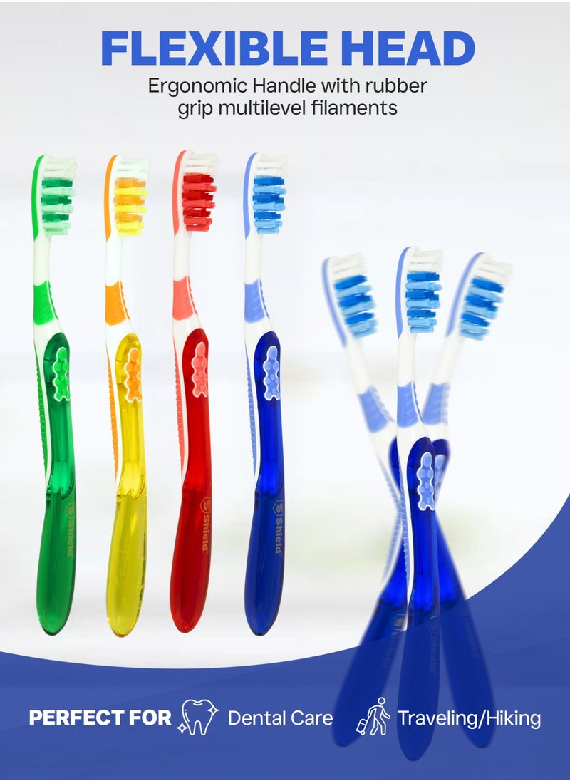 Shield Care Shield Care Toothbrush Dual Pro with Multi-Level Filaments, Anti-Slip Grip (Expert Care - Medium Bristles) Adults - Yellow, Red, Blue, Green - 12 Count (Pack of 1)  - Image 4