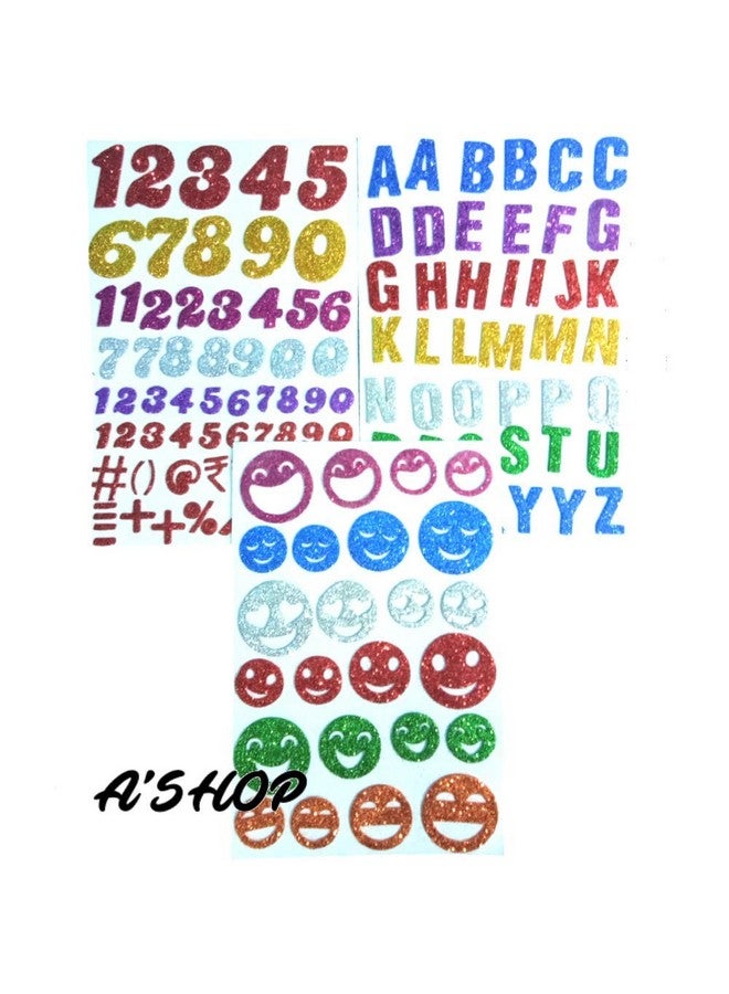 A'SHOP Glitter Foam Self Adhesive Mix Design Stickers for Art & Craft(Set of 3 Sheets) (Alphabets, Numeric's & Smileys) - Image 1