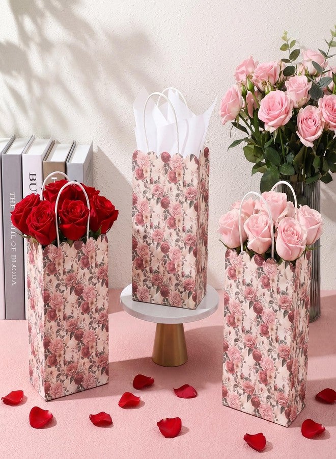Sinload 50 Sets Rose Flower Gift Bags with Tissue Paper Wedding Goodie Treat Bags Floral Wrapping with Handles for Wedding Bridal Baby Shower Birthday Tea Party Favor, 5.1 x 3.2 x 8.7'' (Elegant - Image 4