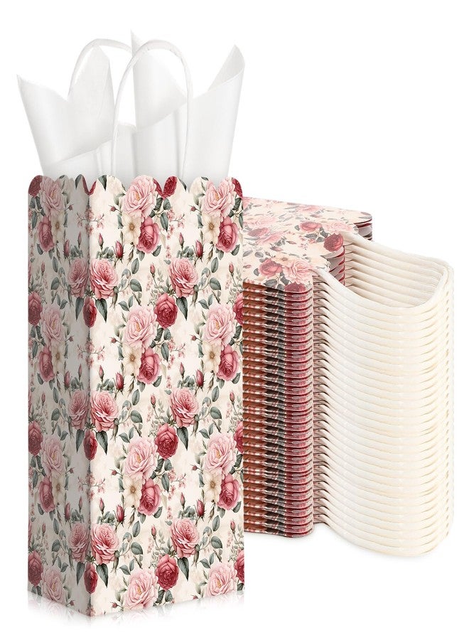 Sinload 50 Sets Rose Flower Gift Bags with Tissue Paper Wedding Goodie Treat Bags Floral Wrapping with Handles for Wedding Bridal Baby Shower Birthday Tea Party Favor, 5.1 x 3.2 x 8.7'' (Elegant - Image 1