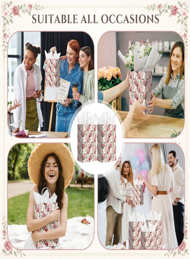 Sinload 50 Sets Rose Flower Gift Bags with Tissue Paper Wedding Goodie Treat Bags Floral Wrapping with Handles for Wedding Bridal Baby Shower Birthday Tea Party Favor, 5.1 x 3.2 x 8.7'' (Elegant - Image 5