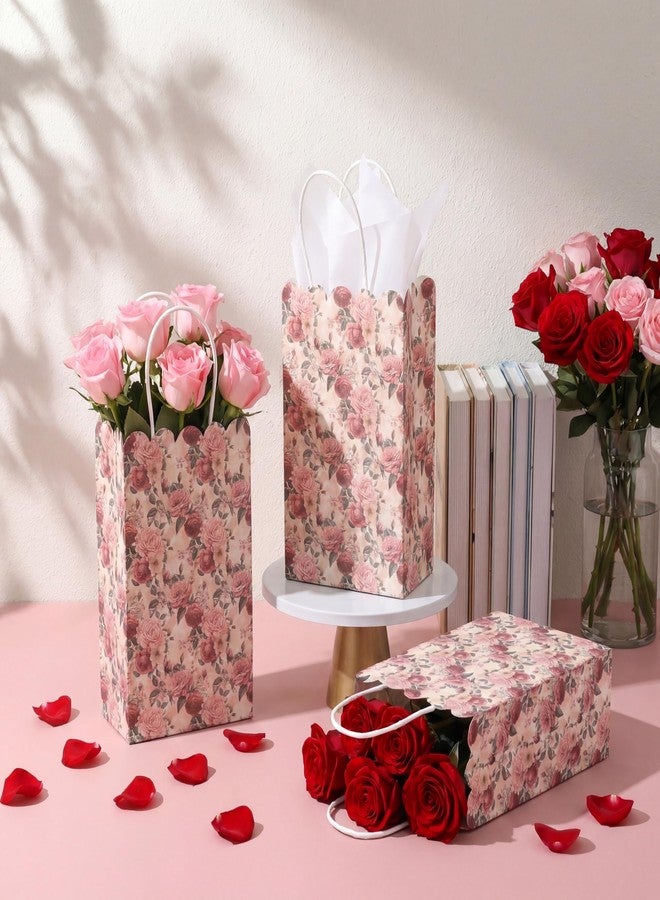 Sinload 50 Sets Rose Flower Gift Bags with Tissue Paper Wedding Goodie Treat Bags Floral Wrapping with Handles for Wedding Bridal Baby Shower Birthday Tea Party Favor, 5.1 x 3.2 x 8.7'' (Elegant - Image 3