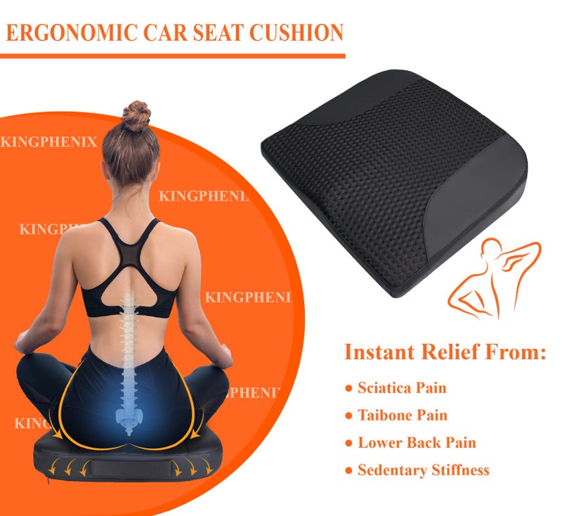 kingphenix Car Seat Cushion â€“ Memory Foam Pad for Driving Comfort â€“ Boosts Height and Relieves Coccyx & Lower Back Pain â€“ Car, Truck, Office Chair (Leather & 4D Mesh Black) - Image 2