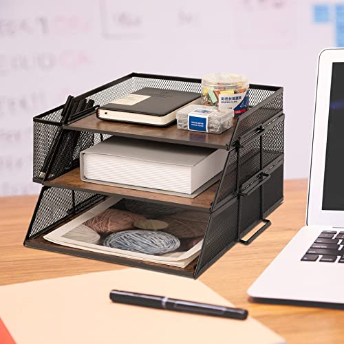 ZNMYDMT Vintage Wood & Metal Letter Tray， Stackable Desk Organizers Paper Tray， for File Magazines Mail Organizer, Vintage Wood Desk File Organizer with Pen Holder(3 Layer) - Image 2