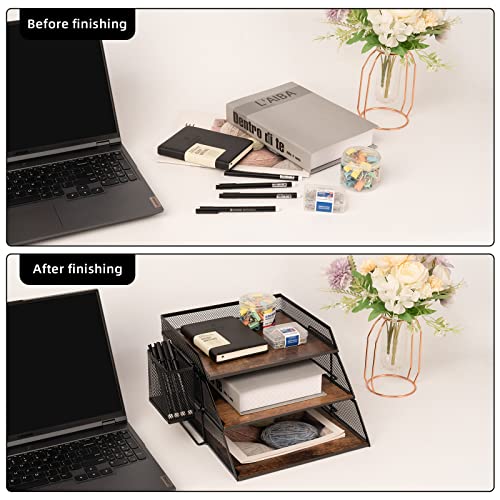 ZNMYDMT Vintage Wood & Metal Letter Tray， Stackable Desk Organizers Paper Tray， for File Magazines Mail Organizer, Vintage Wood Desk File Organizer with Pen Holder(3 Layer) - Image 4