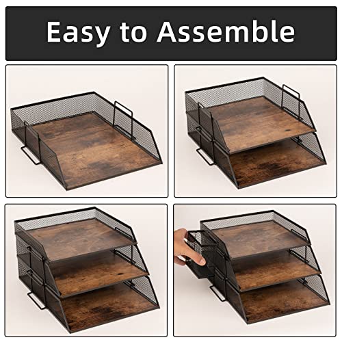 ZNMYDMT Vintage Wood & Metal Letter Tray， Stackable Desk Organizers Paper Tray， for File Magazines Mail Organizer, Vintage Wood Desk File Organizer with Pen Holder(3 Layer) - Image 5