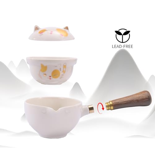 LURRIER Porcelain Chinese Gongfu Tea Set,Portable Teapot Set with 360 Rotation Tea maker and Infuser,Portable All in One Gift Bag for Travel,Home,Gifting,Outdoor and Office (Kitty Cat) - Image 5