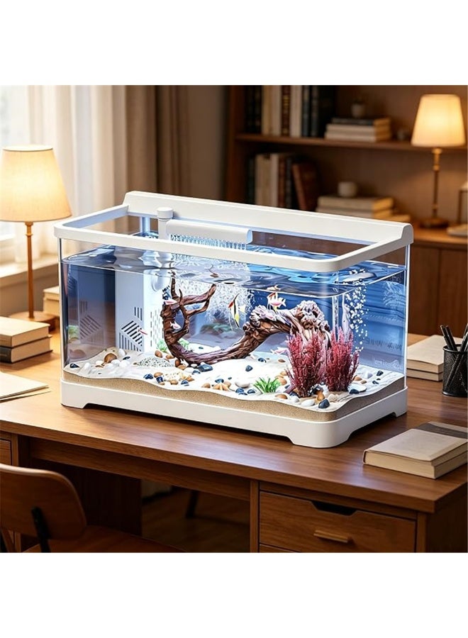 Fish Tank, Multifunctional Ecological Fish Bowls, Ultra Clear Aquarium with Filter and LED Lamp, for Small Amphibious Creatures Shrimp Crabs Turtles and Ornamental Fish, 38.8*21.5*22.5cm (White M)