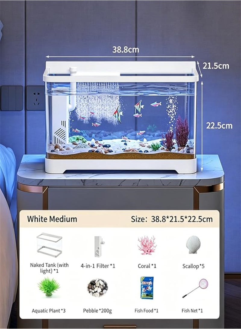 Fish Tank, Multifunctional Ecological Fish Bowls, Ultra Clear Aquarium with Filter and LED Lamp, for Small Amphibious Creatures Shrimp Crabs Turtles and Ornamental Fish, 38.8*21.5*22.5cm (White M) - Image 2