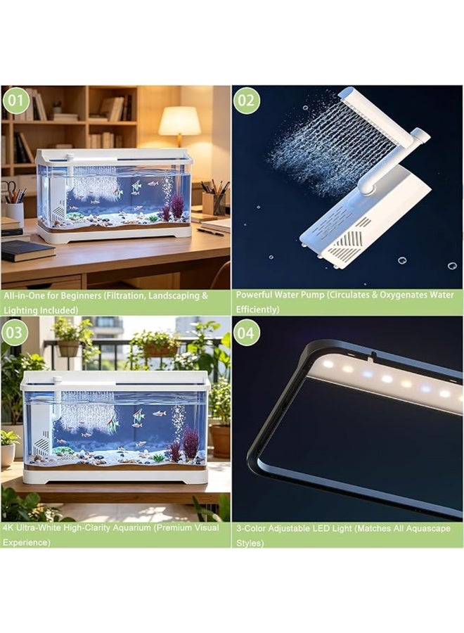 Fish Tank, Multifunctional Ecological Fish Bowls, Ultra Clear Aquarium with Filter and LED Lamp, for Small Amphibious Creatures Shrimp Crabs Turtles and Ornamental Fish, 38.8*21.5*22.5cm (White M) - Image 4
