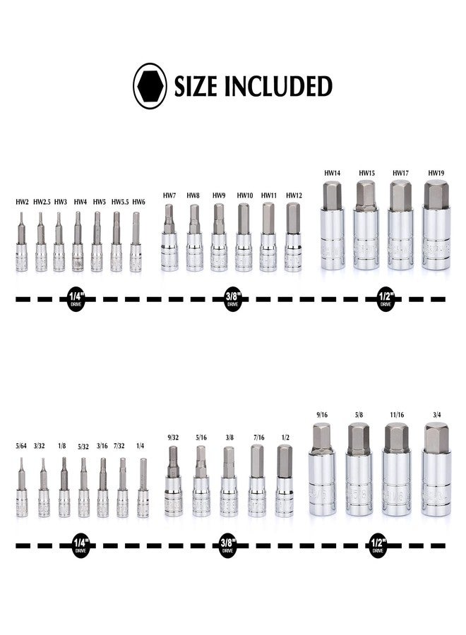 EMENTOL 33PCS Hex Bit Socket Set, 1/4", 3/8" and 1/2" Drive, SAE And Metric Allen Socket Bit, CR-V, S2 Steel, Master Hex Bit Socket Set, 5/64" - 3/4", 2mm - 19mm - Image 2